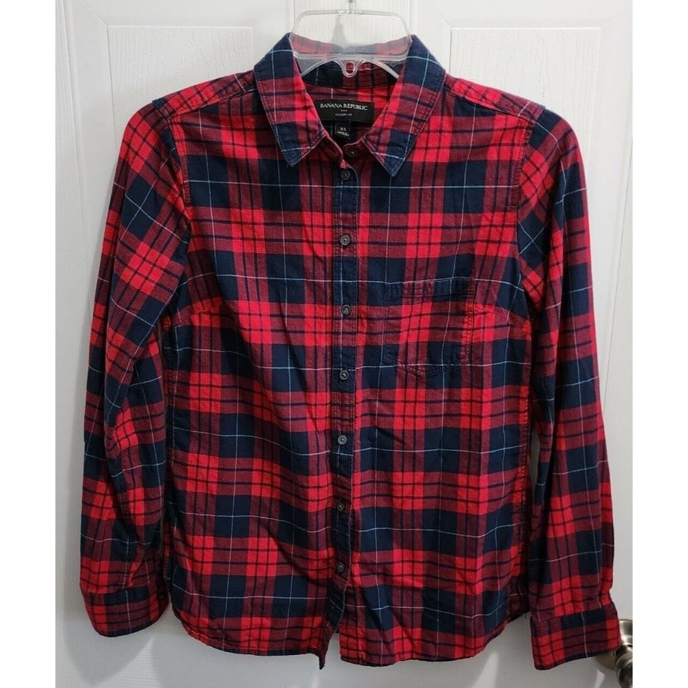 Banana Repubic Women's‎ Long Sleeve Classic Fit Flannel Shirt Red Plaid Size XS